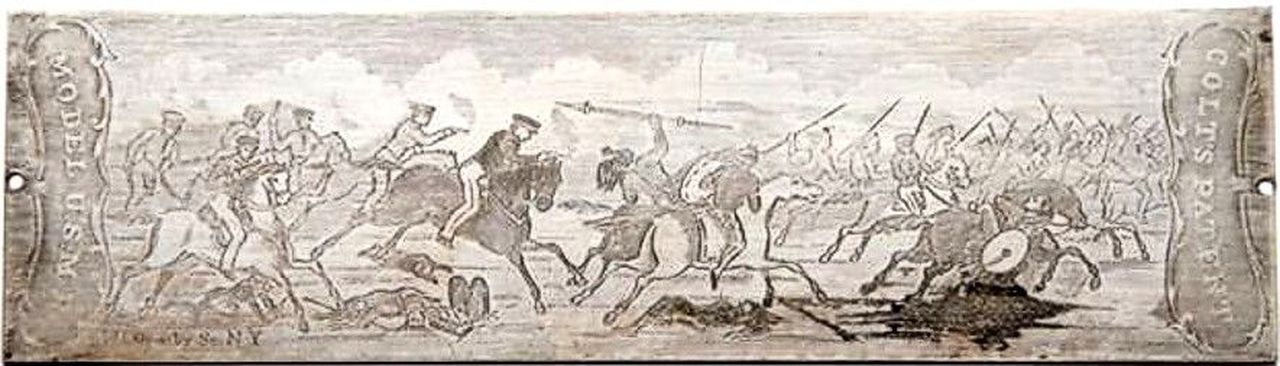 This scene (inscribed on the cylinder) was on those first 1000 plus pistols. It is intended to represent the Texas Rangers in a conflict with Indians, but the artist mistakenly dressed the Rangers in the uniform of the U.S. Dragoons.